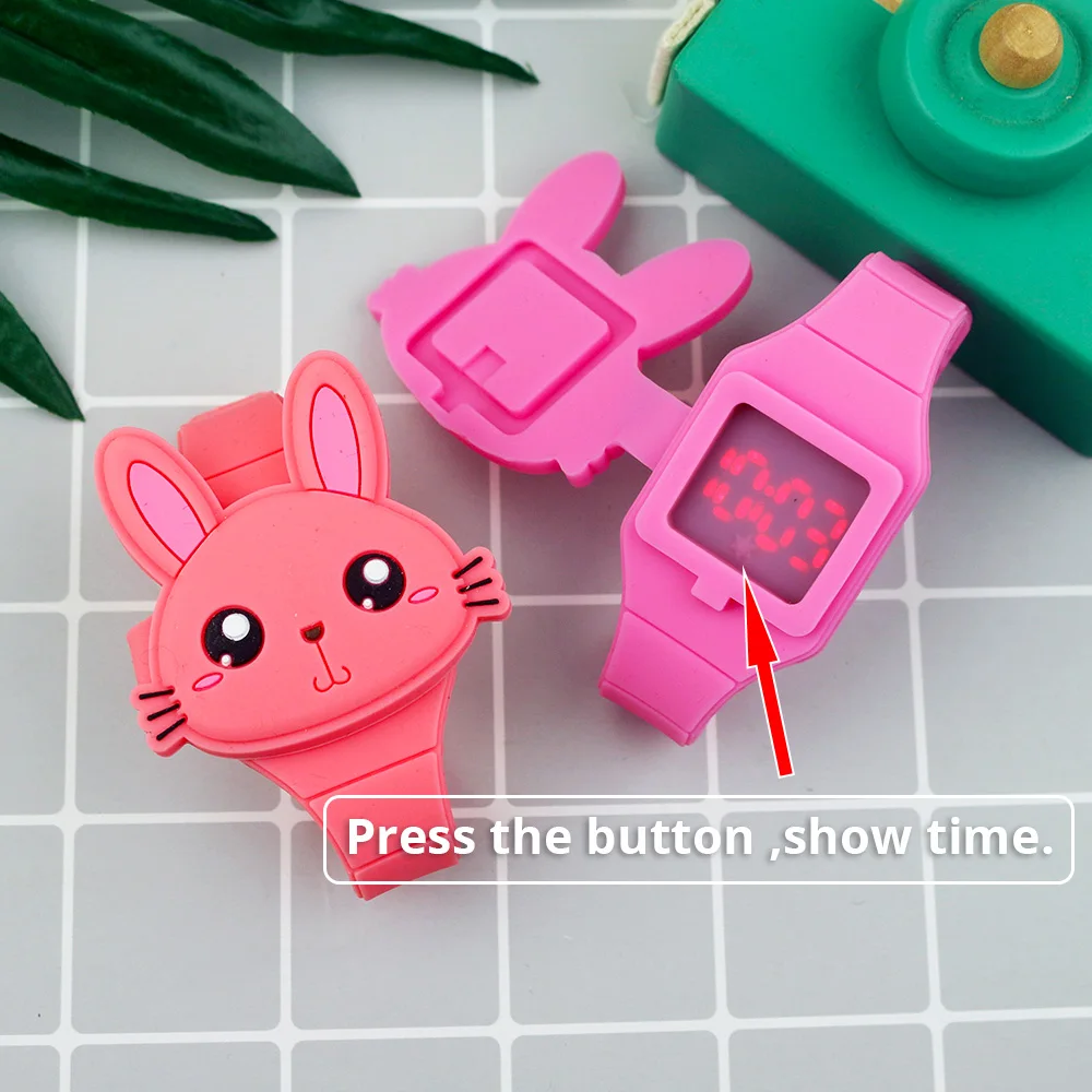 LED Cartoon Rabbit Children Watches with Bratelet Lovely Rabbit Electronic Girls Kids Watch ladies Flip Cover Students Clock