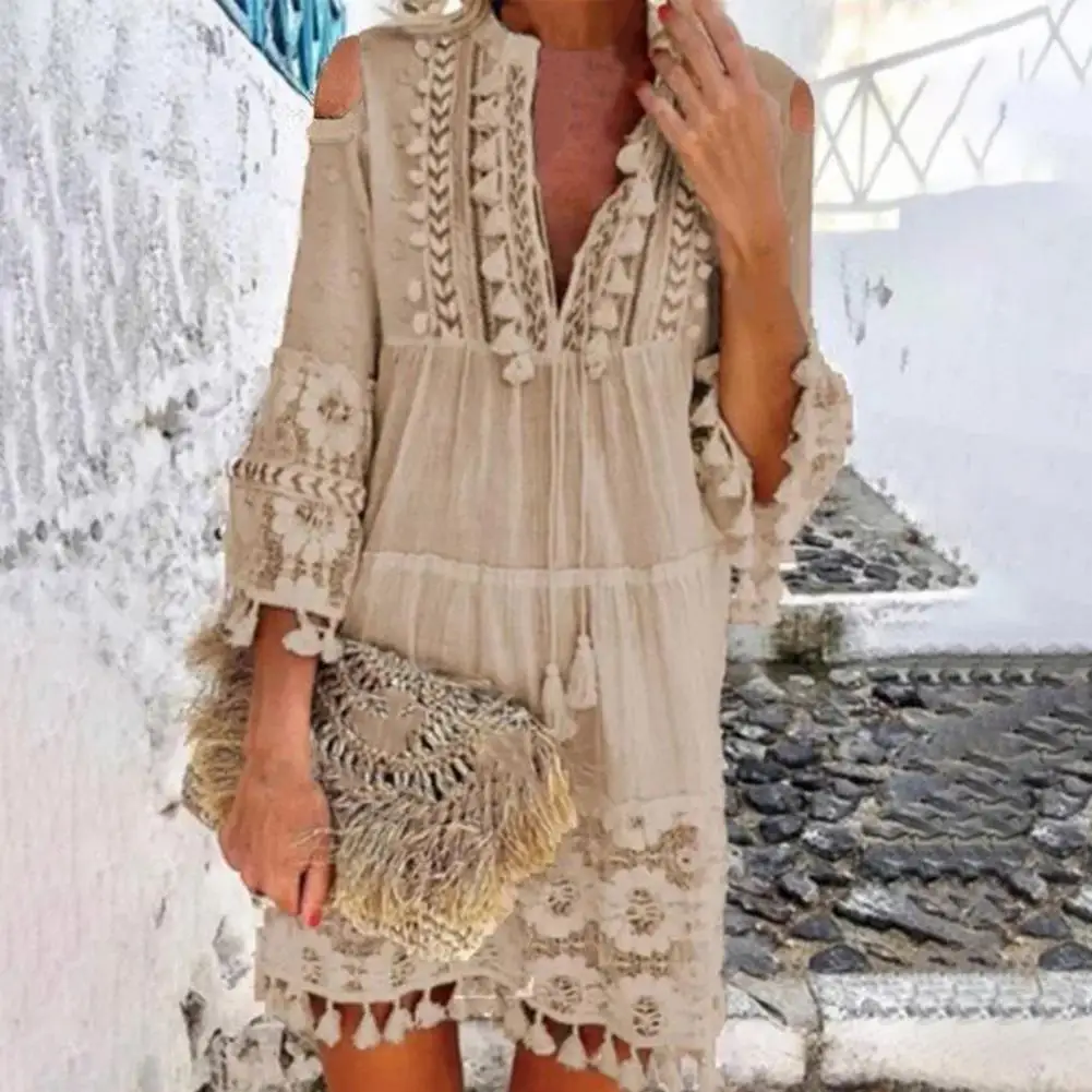 Women Bohemian Shift Dress Deep V Neck Solid Color Tassel Fringe Lace Robe 3/4 Sleeve Dresses Sundress A-Line Vestidos