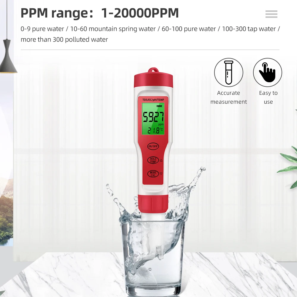 4 In 1 PH TDS EC Temperature Meter Tester PH Pocket Water Quality Testing for Drinking Water Hydroponic Aquariums 50%off