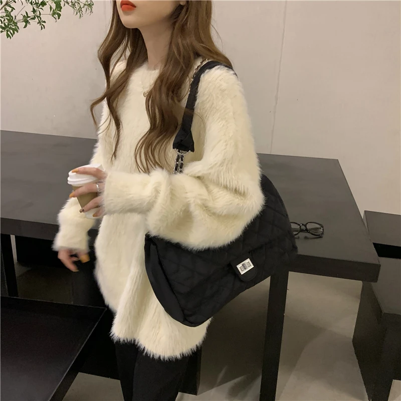 Women\'s White Sweater Coat Fall Winter Thick Loose Soft Mink Fleece Sweater Solid Oversize Jumper Plush Lazy Style Pullover Top