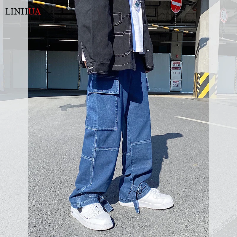 LINHUA Men Wide Leg Jeans Mens Spring cargo pants Hip Hop Streetwear New Loose Straight Baggy Denim Pants Male work jeans