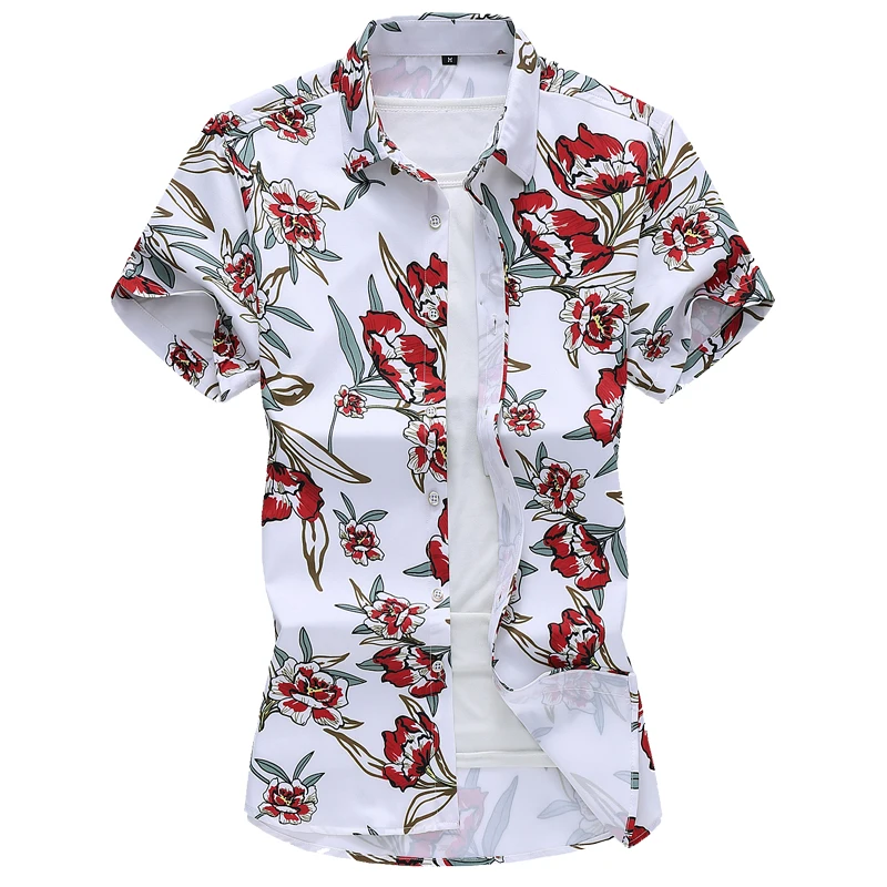 Summer New White Blue Short Sleeve Printed Shirt, Men\'s Fashion Casual Shirts, Asian Size Fashion Casual Tops Camisa S-5XL 6XL