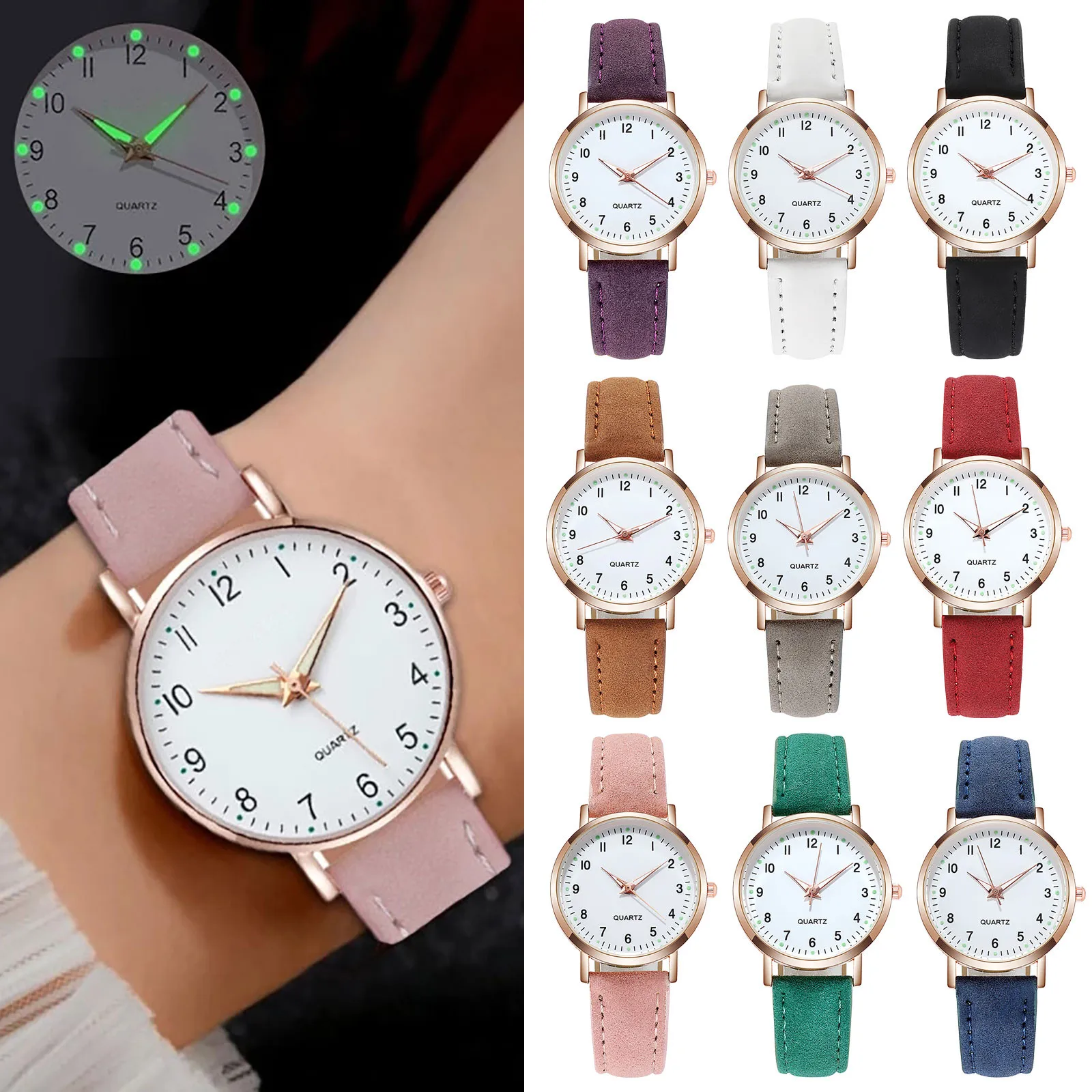 Reloj de lujo con luz trasera para mujer, reloj Retro luminoso con tachuelas de diamantes para mujer, correa de cuero para mujer 2024