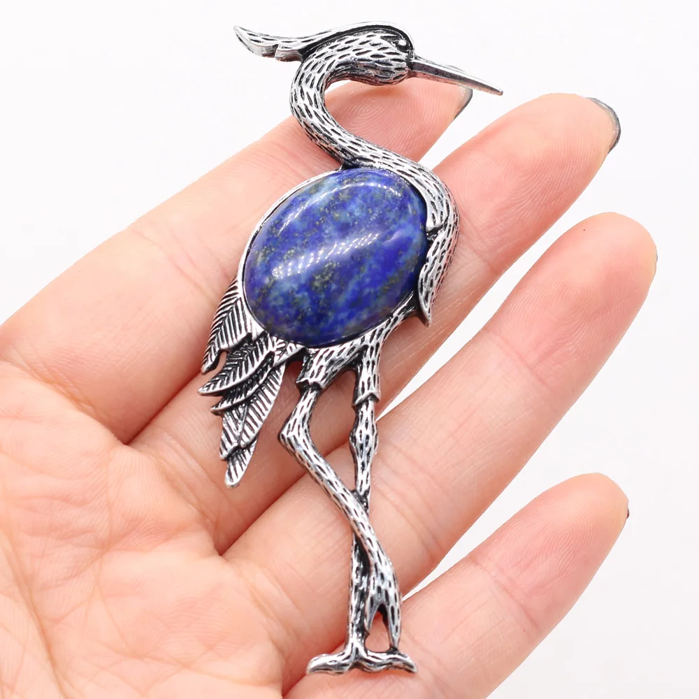 Natural Stone Brooches Lapis Lazuli Crane  Pin Pendants for Women Weddings Banquet Party Brooches Pins Gifts Size 30x80mm