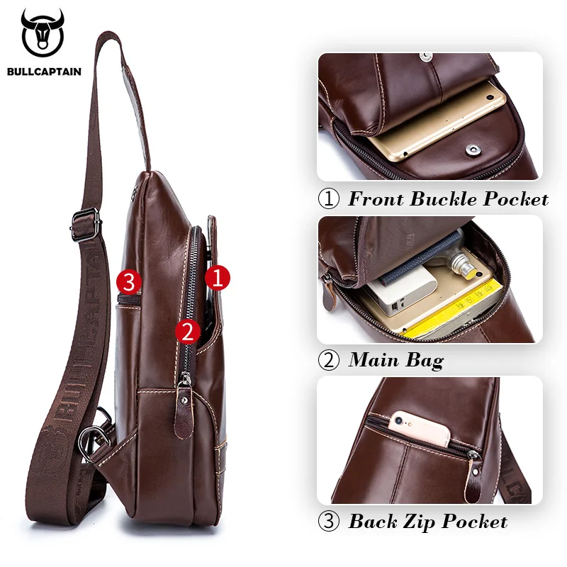 BULLCAPTAIN bolso de pecho de cuero genuino para hombres paquete de pecho de gran capacidad puede acomodar bolsos de pecho de negocios iPai de 7,9