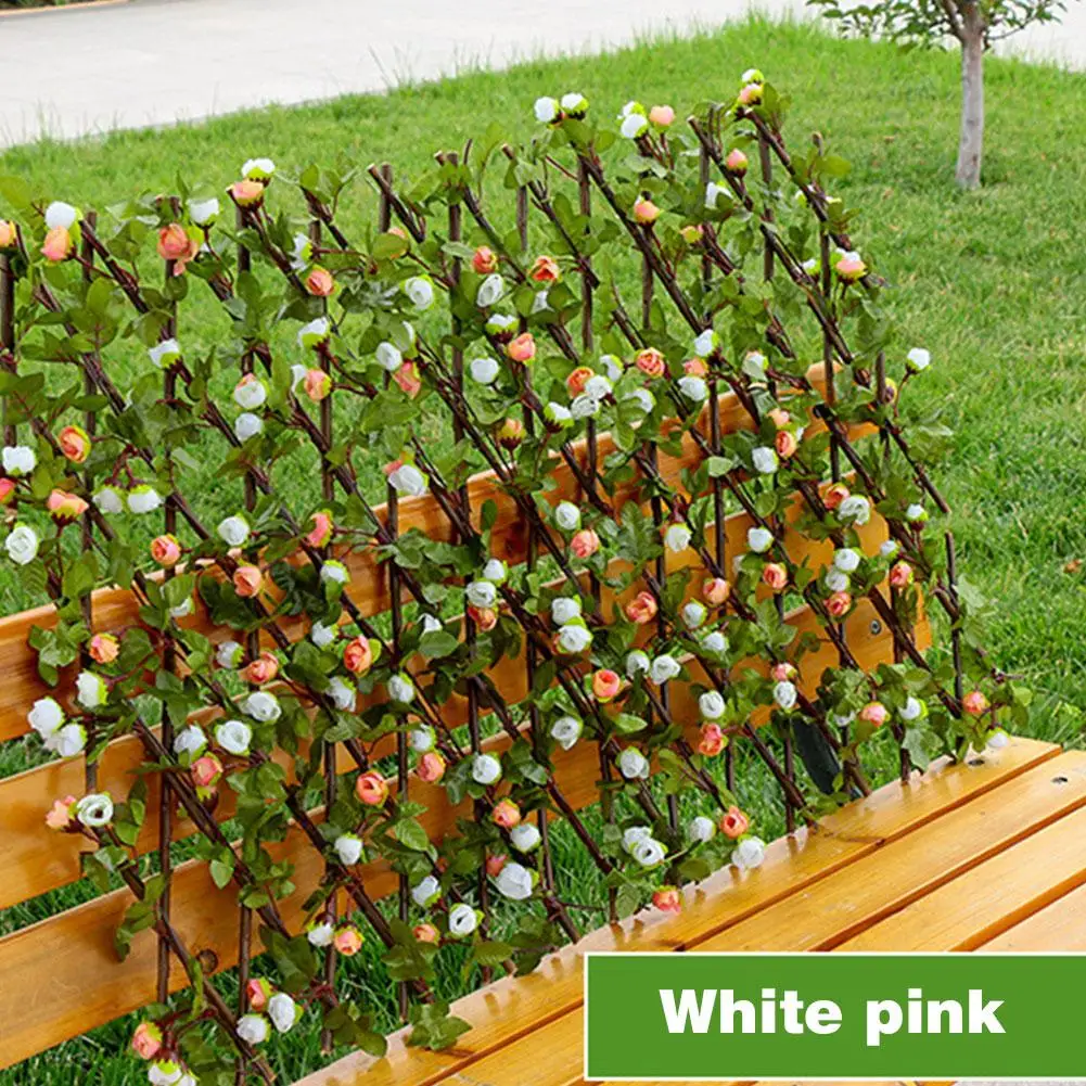 Expanding Trellis Fence Wooden Hedge With Artificial Flower Leaves UV Protected Privacy Screen For Garden Fence Backyard 40CM