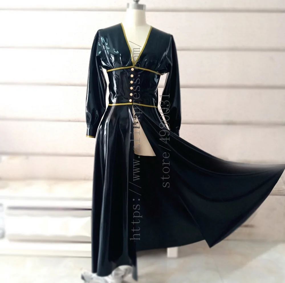 Vintage style women's black long latex dress with gold trims decorations what is made of 0.4mm natural & flexible latex