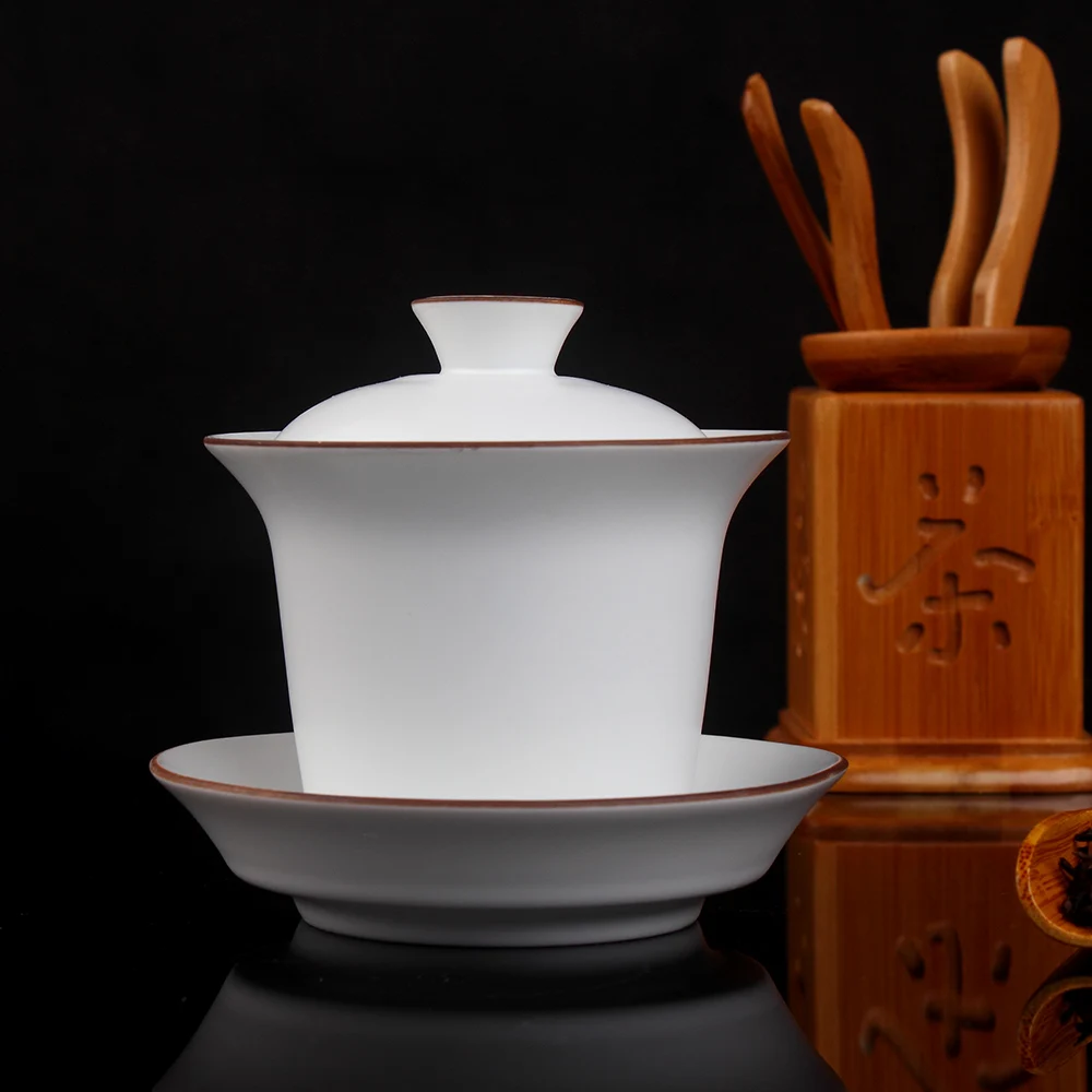 Jingdezhen Ding Kiln Matt White Browm Rim White Ceramic Gaiwan Gongfu Tea Brewing Teacup Gaiwan 160ml Ceramic Tureen Three Bowl