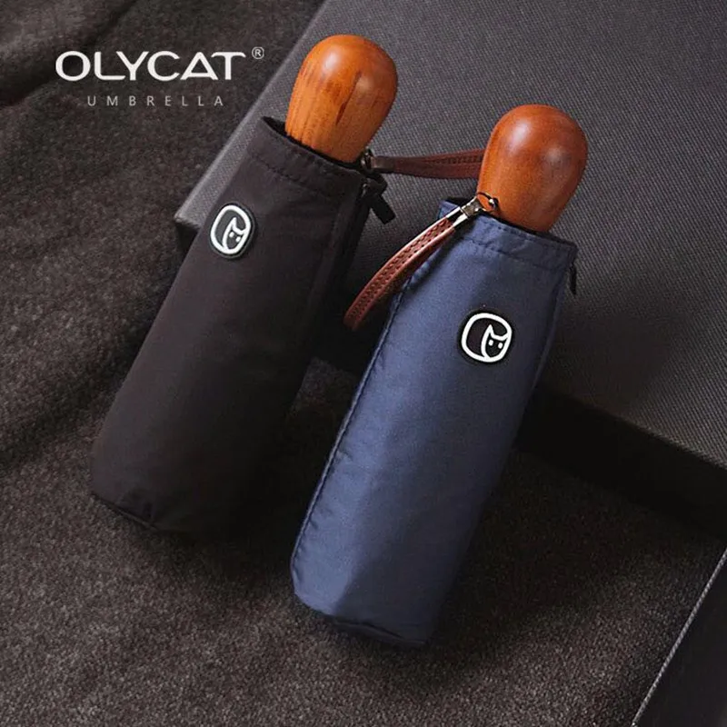 OLYCAT-Compact Pocket Mini Umbrella, Wood Handle, Windproof, UV Folding, Women, Kids, Men