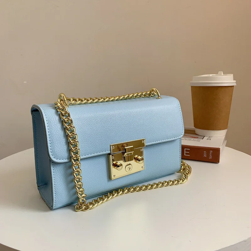 Pure Colors Women Small Square Bags Simple Fashion Metal Buckle Lock Crossbody Shoulder Bags Flap Purses Chain Messenger Bags