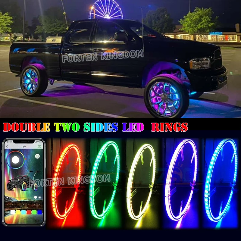 

17'' Color Flow Double Row Dual Raw IP68 Waterproof Led Wheel Ring Lights Car Tire Lights Blue-Tooth APP Control