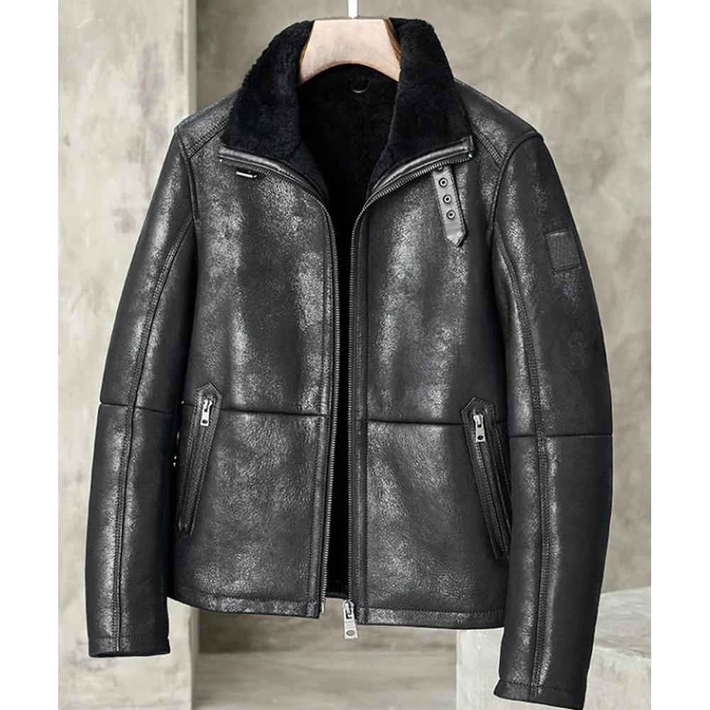 B3 Shearing Jacket Mens Lapel Short Style Leather Jacket Black Color B3 Bomber Coat