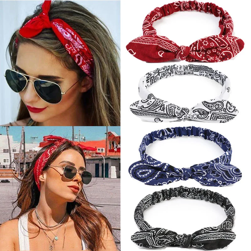 New Women Boho Soft Solid Print Headbands Vintage Cross Bowknot Elastic Hairbands Hair Tie Turban Bandanas Girl Hair Accessories