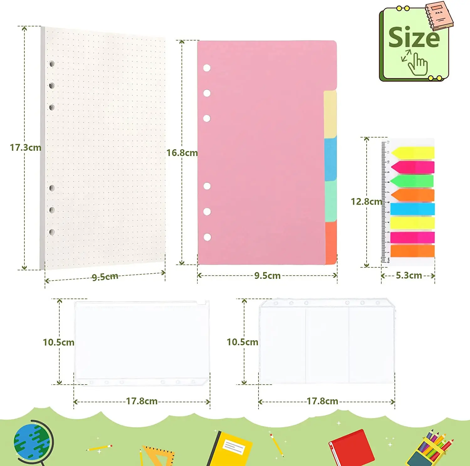 A6 Refillable Binder Notebook Set  with 5 Pcs Dividers, 3 Pack 6 Holes A6 Dotted Paper,4 Binder Pockets,2 Coloured Sticky Notes