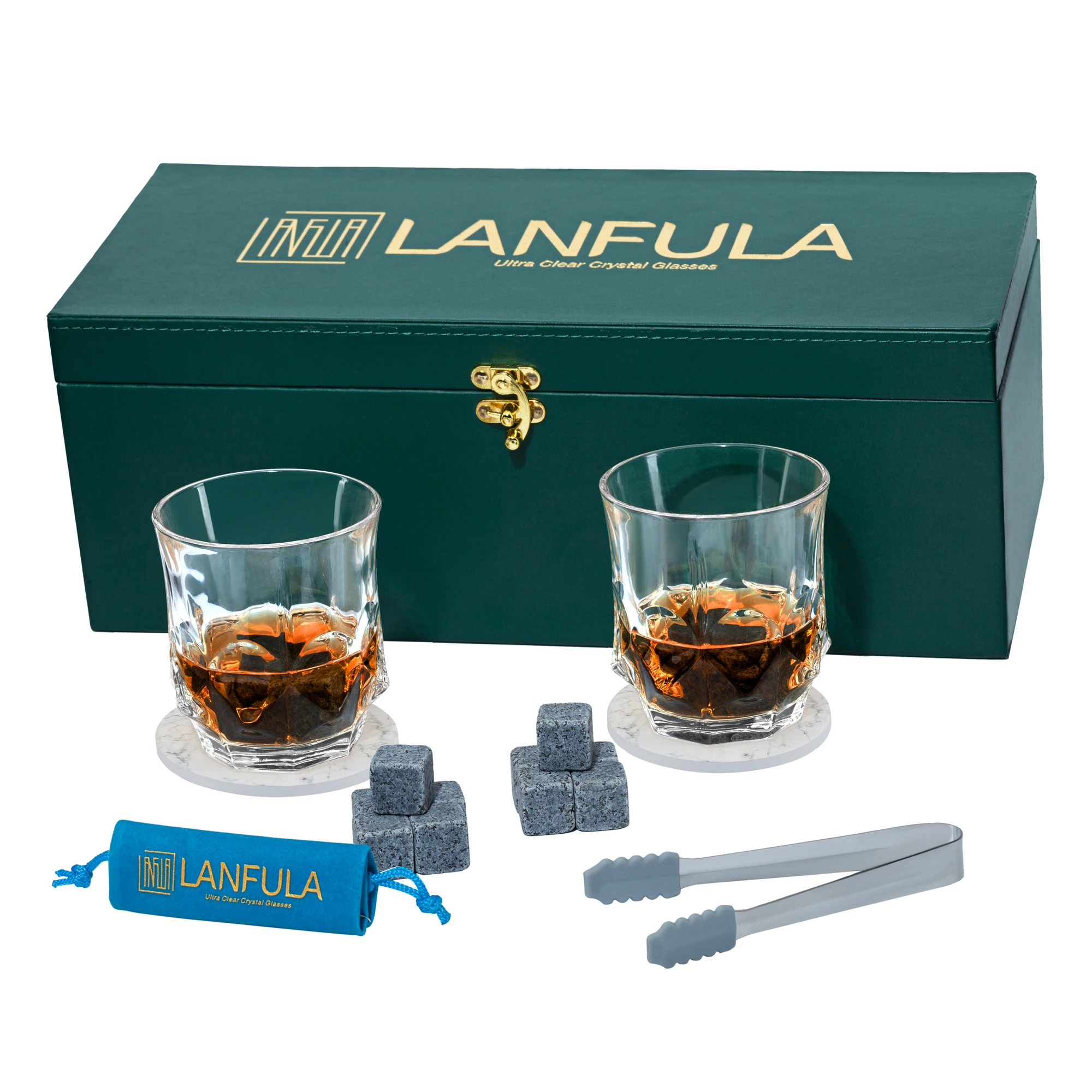 

Whiskey Stones Gift Set 10 Oz Crystal Glass with 10 Grantie Chilling Rocks + 2 Ceramic Coasters in Wooden Box For Men Dad