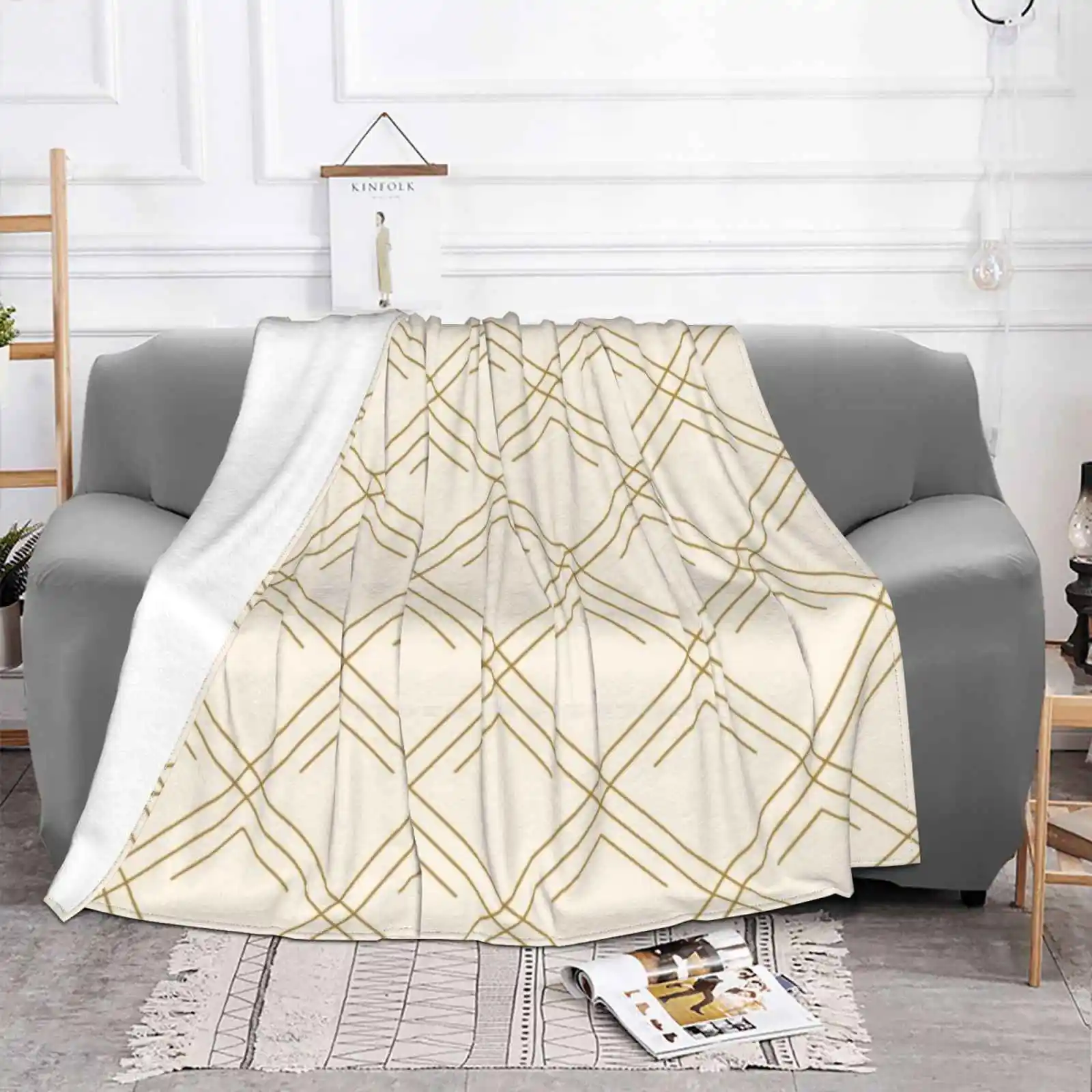 Gold Diagonal Lines Diamond Pattern - Eggshell Four Seasons Comfortable Warm Soft Throw Blanket Golden Eggshell Diagonal Arrow