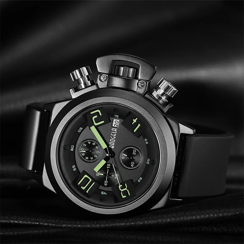 Baogela Fashion Mens Silicone Band Sport Quartz Wrist Watches Analog Display Chronograph Black Watch for Man with Calendar