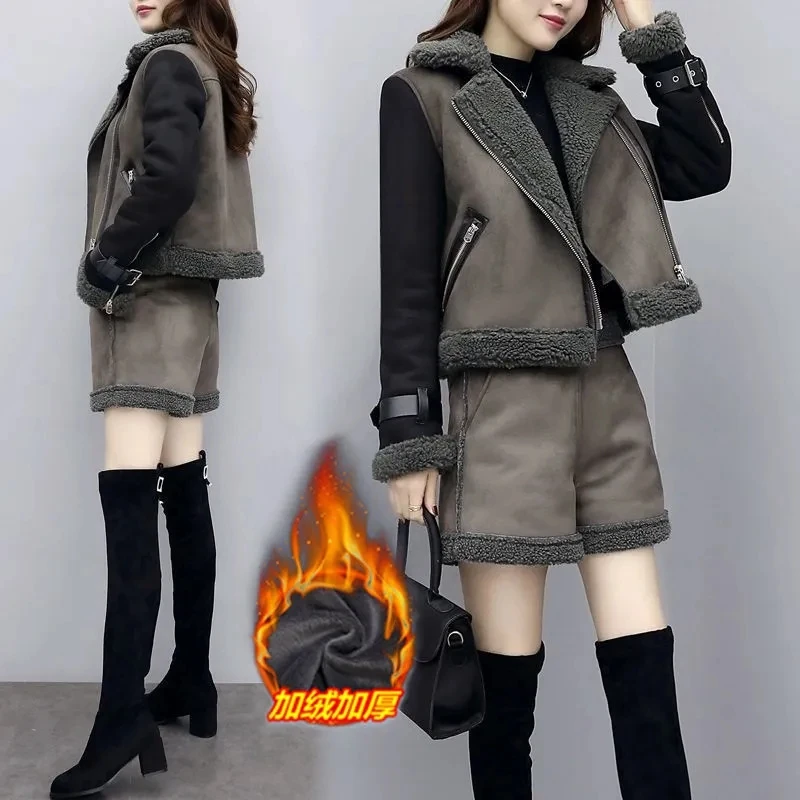 Thick Winter Suit Women 2024 New Splicing Lamb Wool Jacket  Wide-Leg Shorts Two-Piece Short Pant Jacket Female Fashion Sets Blac