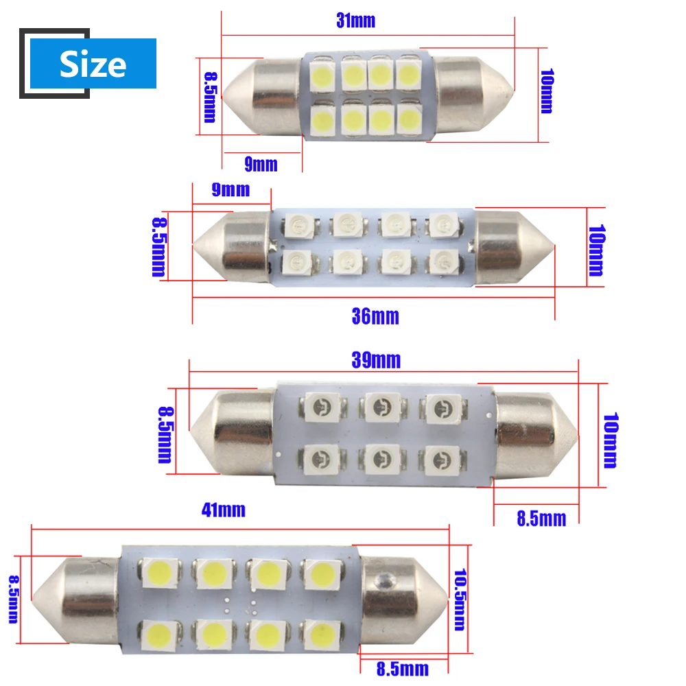 10pcs DC 12V 24V 31mm 36mm 39mm 41mm C5W 1210 8 SMD Festoon Bulbs 3175 Trucks Cars Dome Roof Reading Lights Nonpolarity White