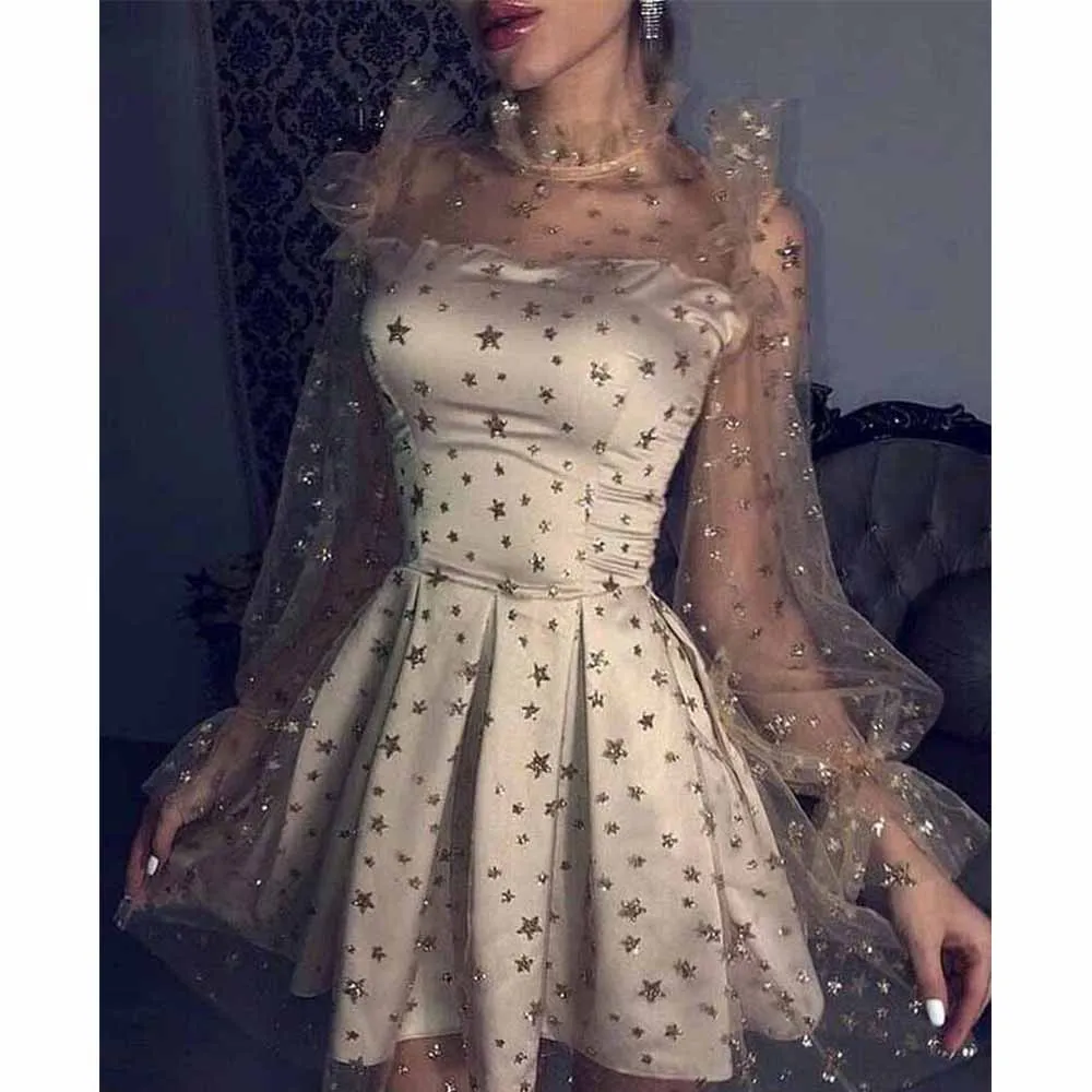 Vestido corto de fiesta de noche para mujer, vestido Sexy de tul de manga larga con estrellas brillantes, vestido de fiesta de princesa elegante de talla grande, 2021