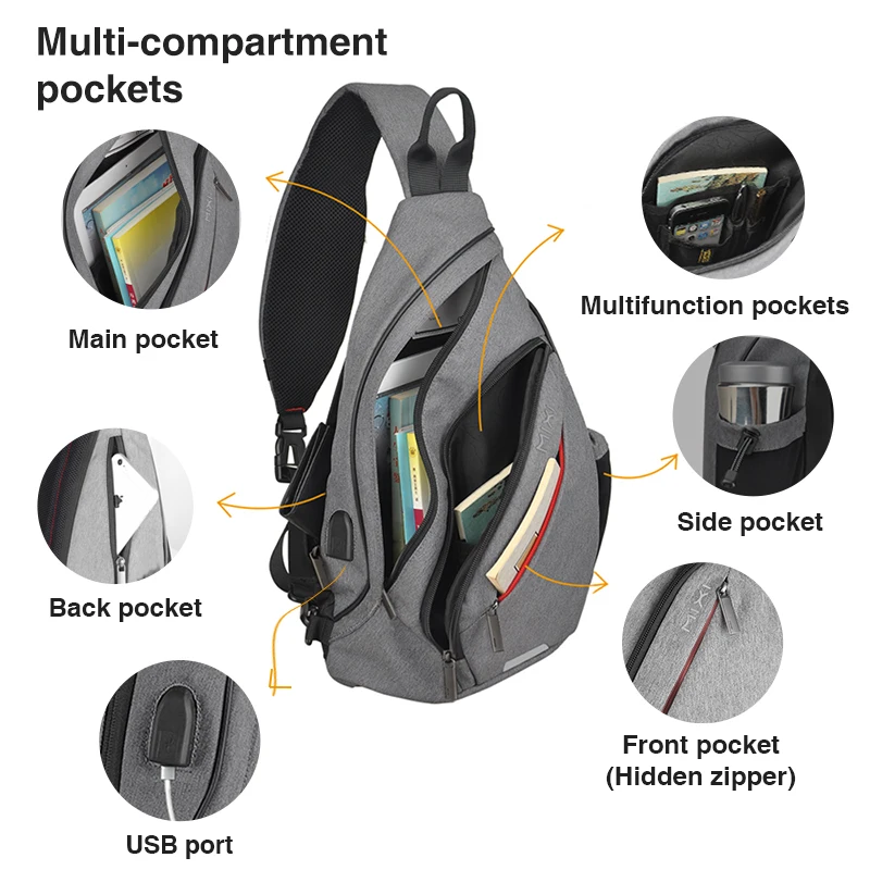 Mixi Patent Design Men Fashion Backpack One Shoulder Sling Bag Crossbody Schoolbag 600D Polyester Dense Canvas Waterproof