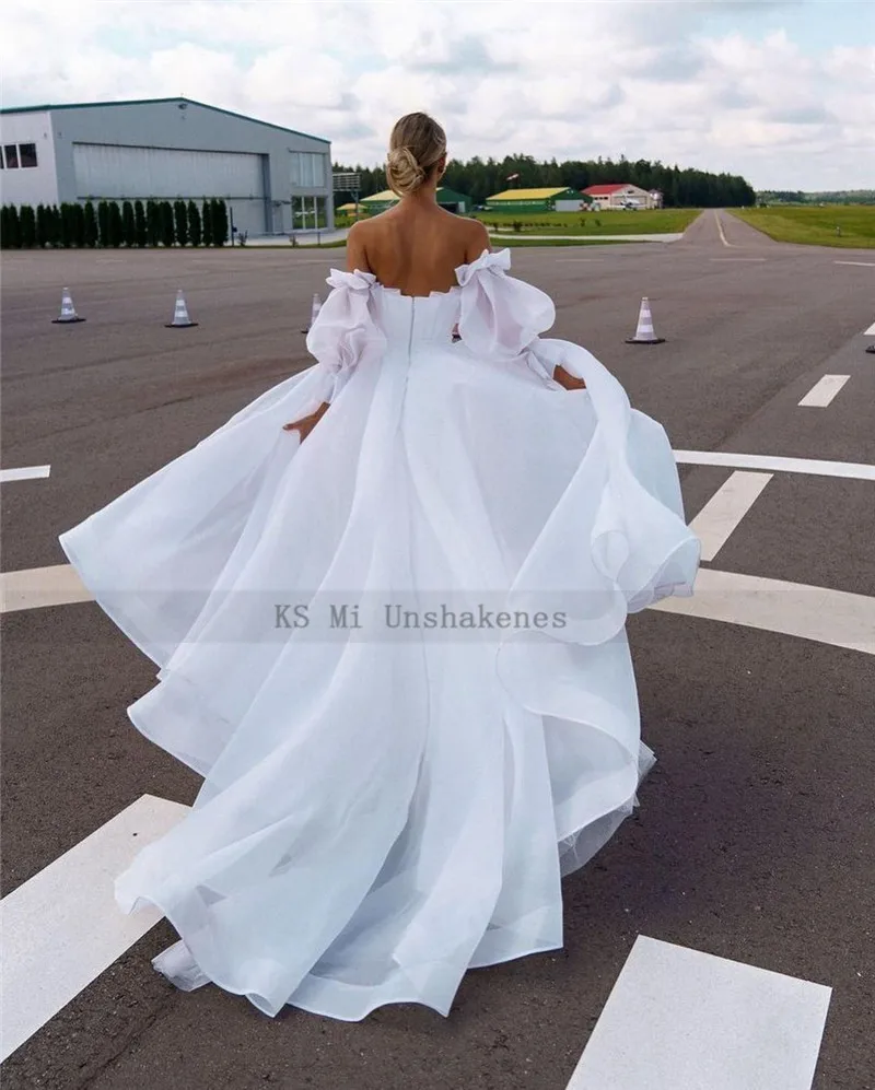 Elegant White Wedding Dresses 2021 Boho Wedding Gowns Pleated Puff Long Sleeve Bridal Dress Women Couture Spring Vestidos