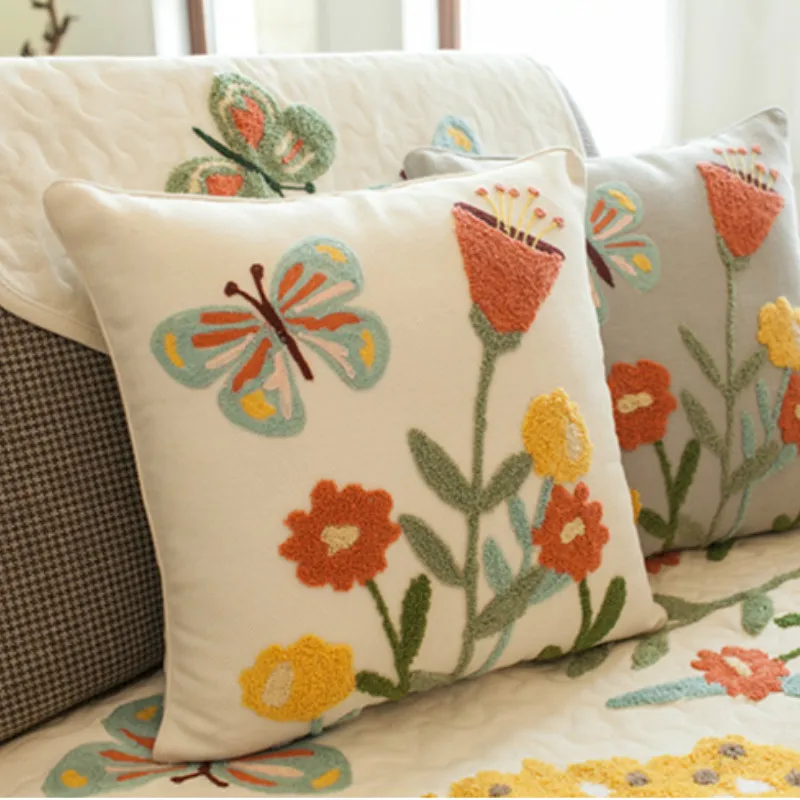 Spring Flora Pillows Country Style Cushion Case Decorative Pillow Cover For Sofa Butterfly Embroidery Living Room Home Decor