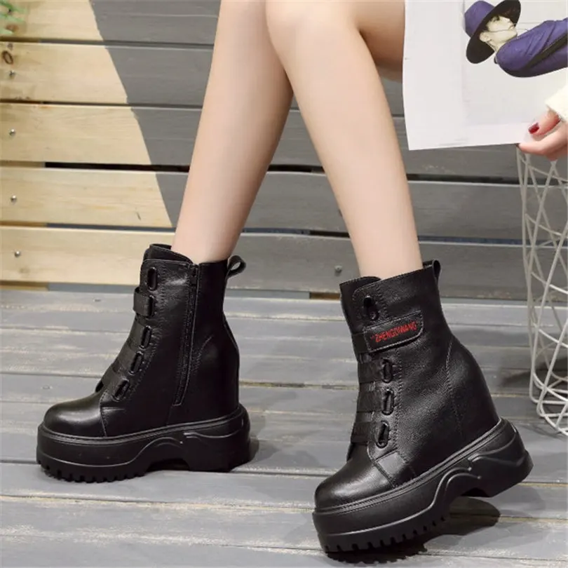 Platform Wedges Fashion Sneakers Women Genuine Leather Chunky High Heels Motorcycle Boots Female High Top Round Toe Pumps Shoes