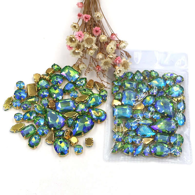 Sell at a Loss! 50pcs/Bag High Quality Mixed Shape Green AB Glass Crystal Sew On Gold Base Rhinestones Diy Clothing Accessories