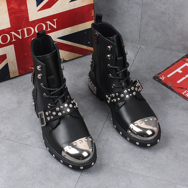 gothic punk dress cow leather boots for men casual rivet shoes lace-up platform boot motorcycle botas masculinas zapatos hombre