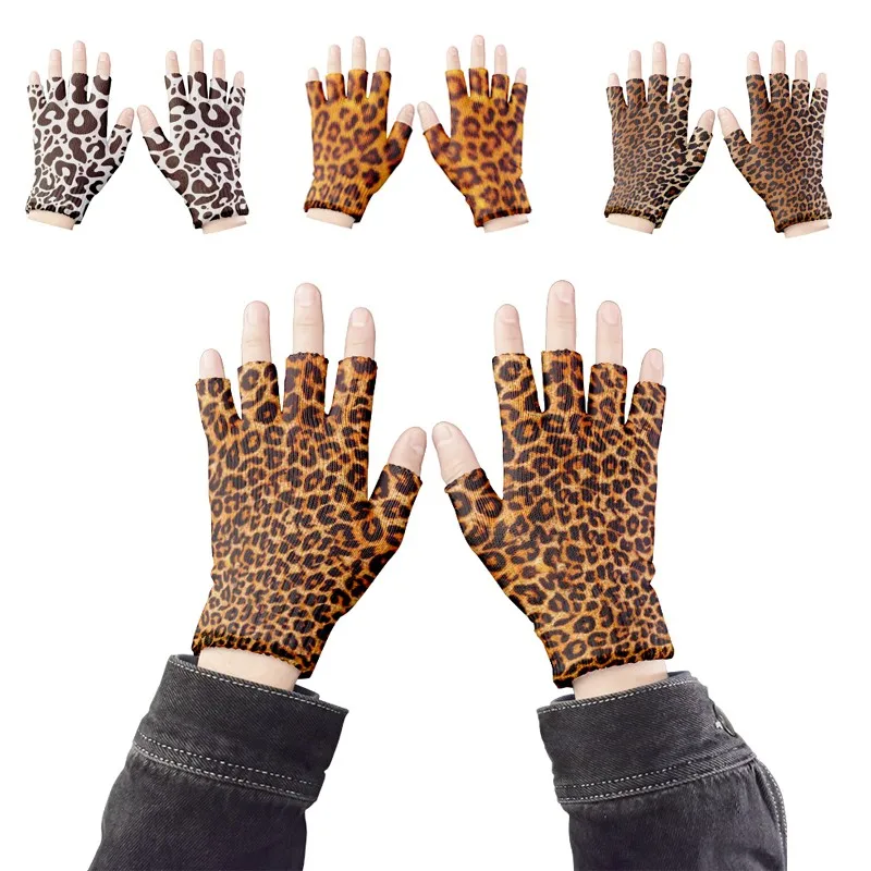 Women Leopard Gloves Fashion Elastic Five Fingers Gloves Men\'s Outdoor Gloves Fingerless Party Gloves Touch Screen Guantes