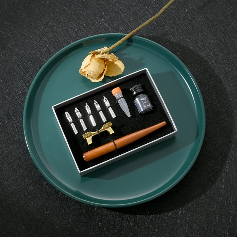 Wooden Calligraphy Dip Pen + 5 Nibs Ink Kit Gift Box  Set