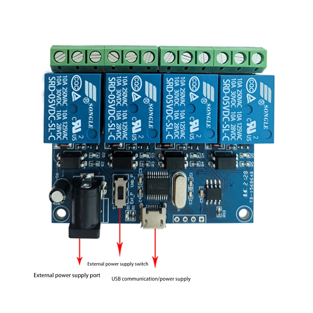 وحدة تتابع USB تيار مستمر 5 فولت 4 قنوات CH340 مفتاح تحكم ذكي USB مفتاح مرحل 10A 250VAC 30VDC حماية التيار الزائد