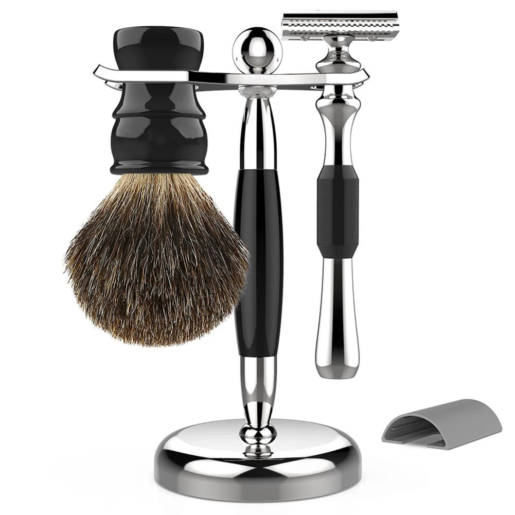 Luxury 100% Badger Hair Shaving Brush Set, Razor and Brush Stand Stainless Steel,Double Edge Safety Razor with Protective Cover