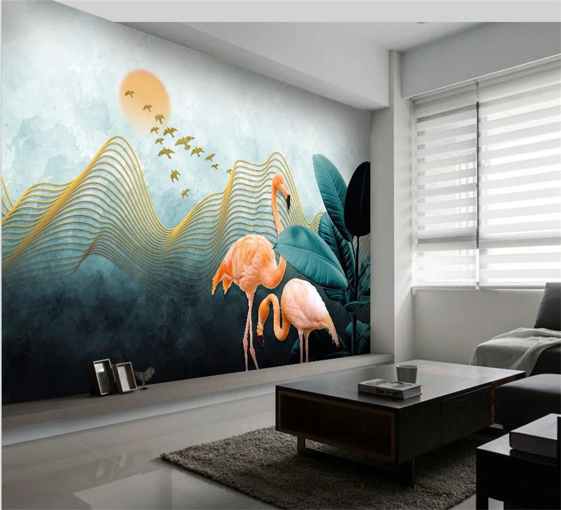 

Custom home background wall decoration 3d wallpaper Abstract golden line landscape flamingo leaf wall painting papier peint