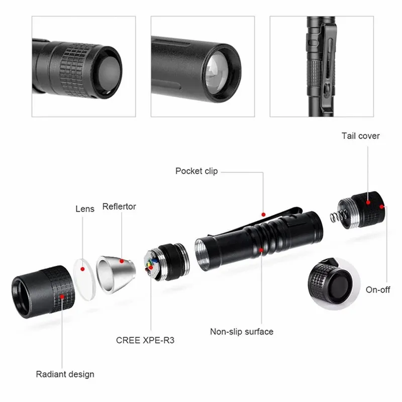 D5 LED Flashlight Pen Light Mini Portable 1000 lumens 1 Switch Mode led flashlight For the dentist and for Camping Hiking Out