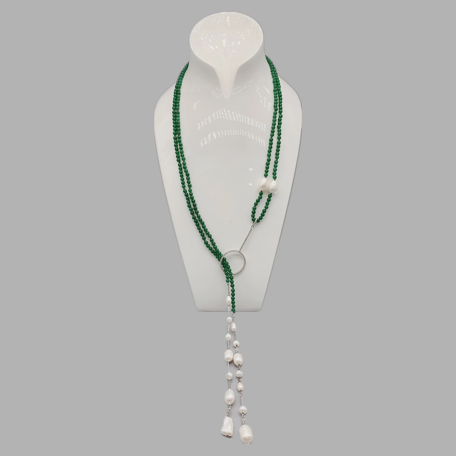 

FoLisaUnique 4mm Green Jade Necklace For Women Cubic Zirconia Loop White Gold Filled Beads Stick Baroque Pearls Lariat Necklace