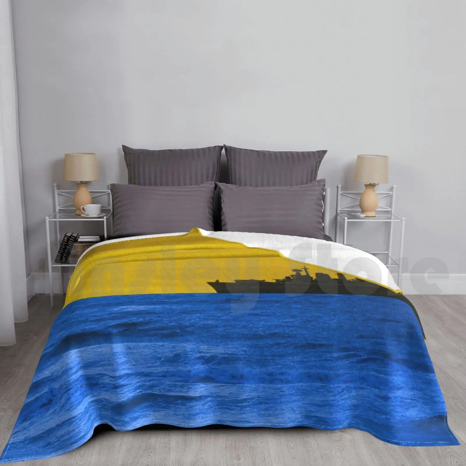 Sunset Blanket Fashion Custom Yellow Blue Ark Royal Plane Sea Sky Ship Carrier Sea Harrier