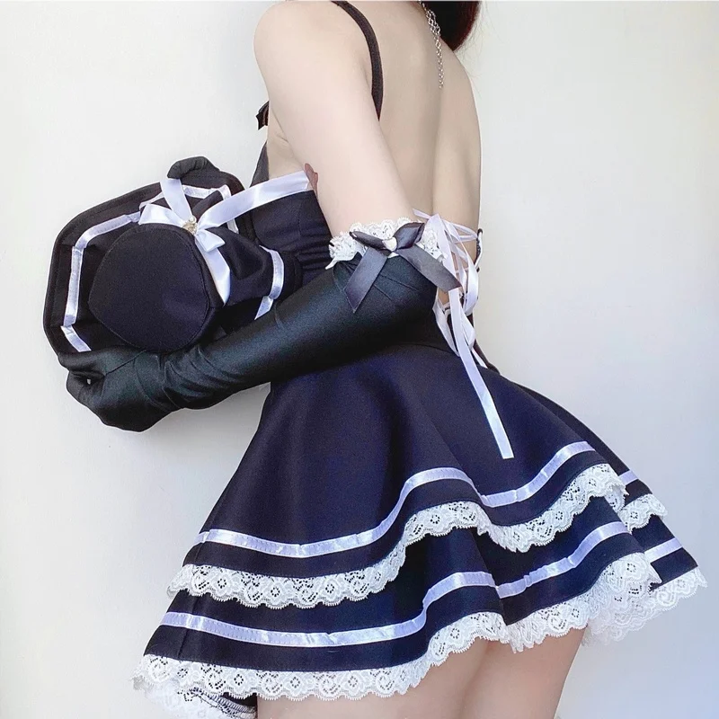 

Lolita Sexy Maid Cosplay Costumes Cute Black Nightdress and Thong Anime School Girl Gothic Outfit for Woman with Hat and Glove