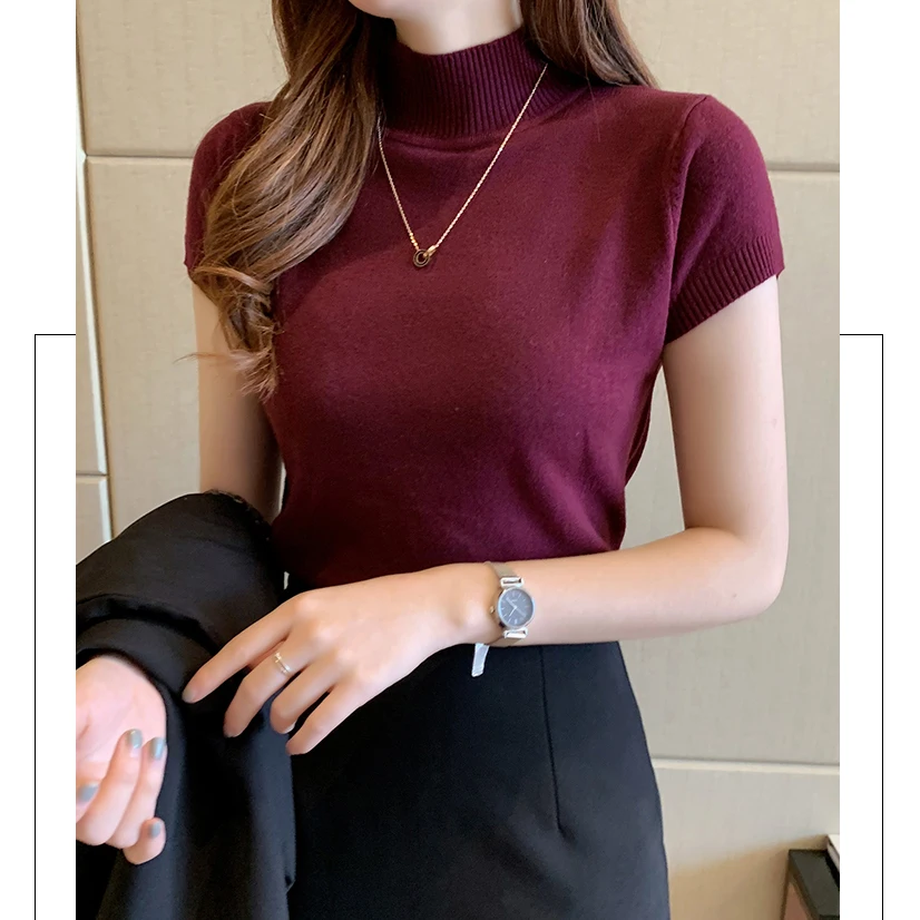 gkfnmt 2021 Turtleneck Summer Short Sleeve Korean Sweater Knitted Pullover Women Sweaters Tops ·Basic Thin Pull Femme Jumper