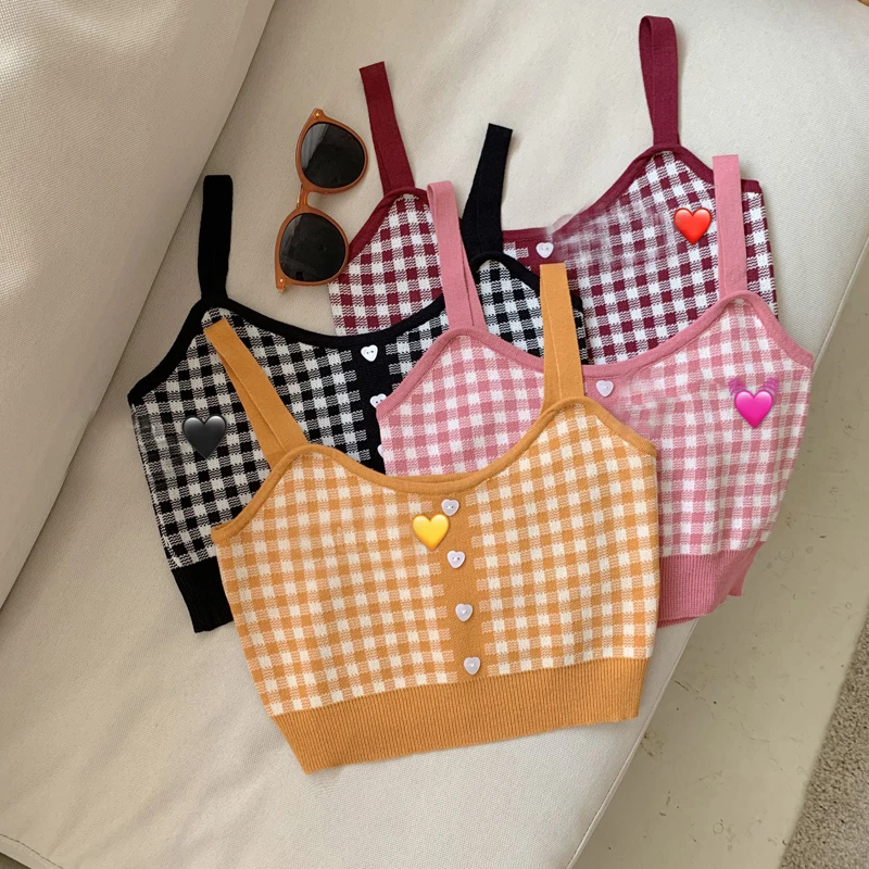 Girl Crop Top Women Plaid Buttons Spaghetti Camis Club Sexy Slim Knitting Female Tank Tops Ladies Sleeveless Solid Simple