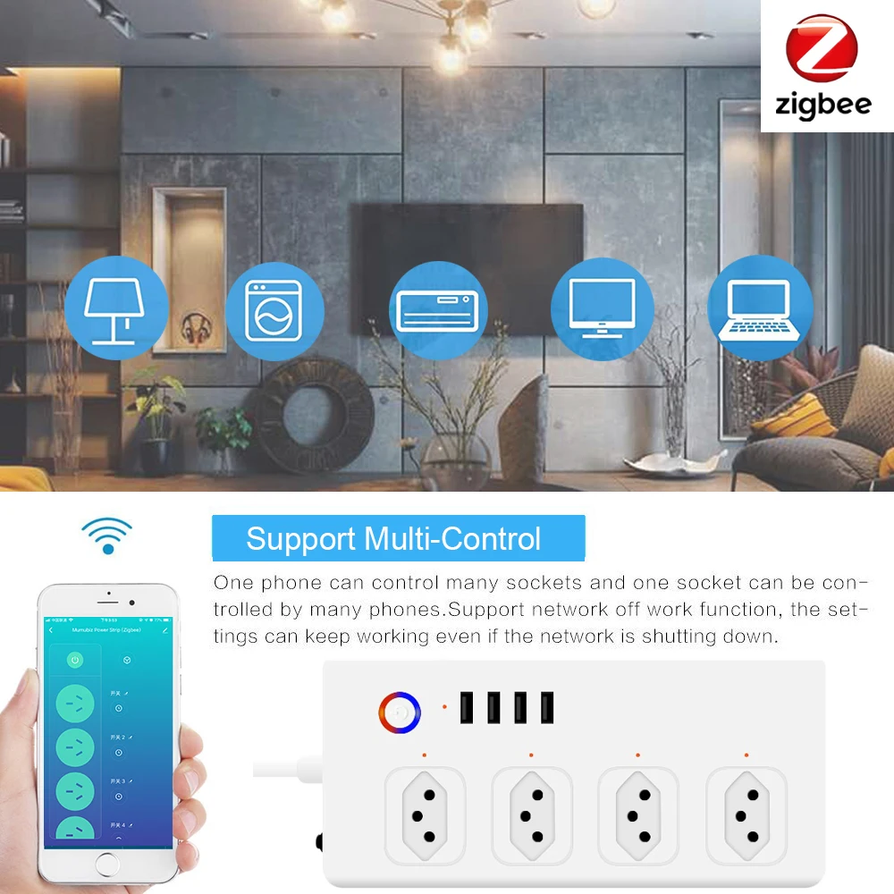 Brazil Smart Zigbee Power Strip, Tuya Zigbee Outlet With 4 Plugs and 4 USB Port, Individual Control,Works With Alexa Google Home