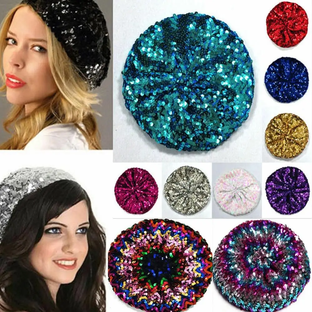 Women Sequins Hat Metallic Shining Costume Jazz Glitter Dance French Beret Round Cap Ladies Fashion Accessories Beanie