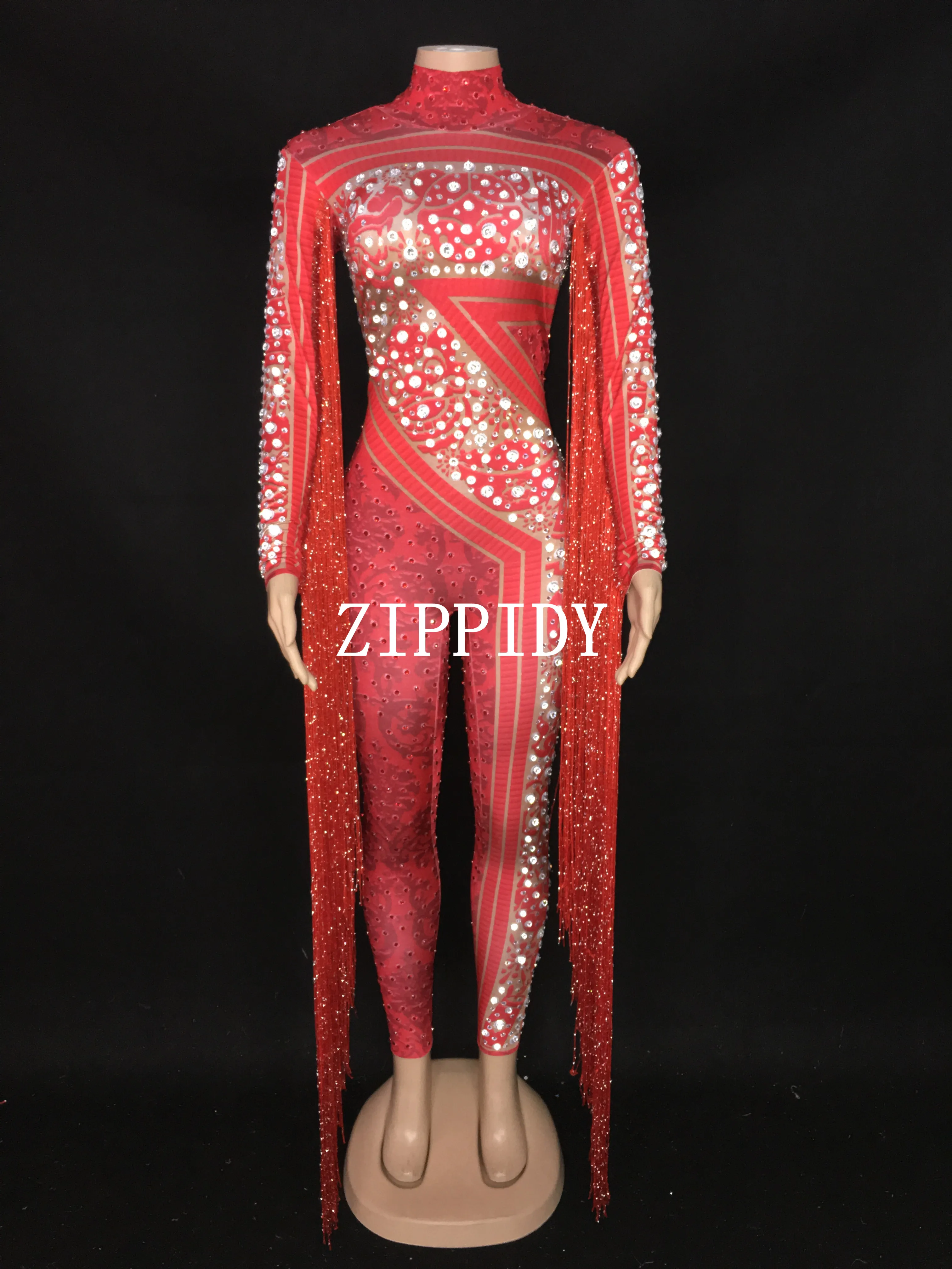 Silver Red Rhinestones Fringe Jumpsuit Birthday Celebrate Outfit Bar Dance Leggings Women Singer Dancer Outfit