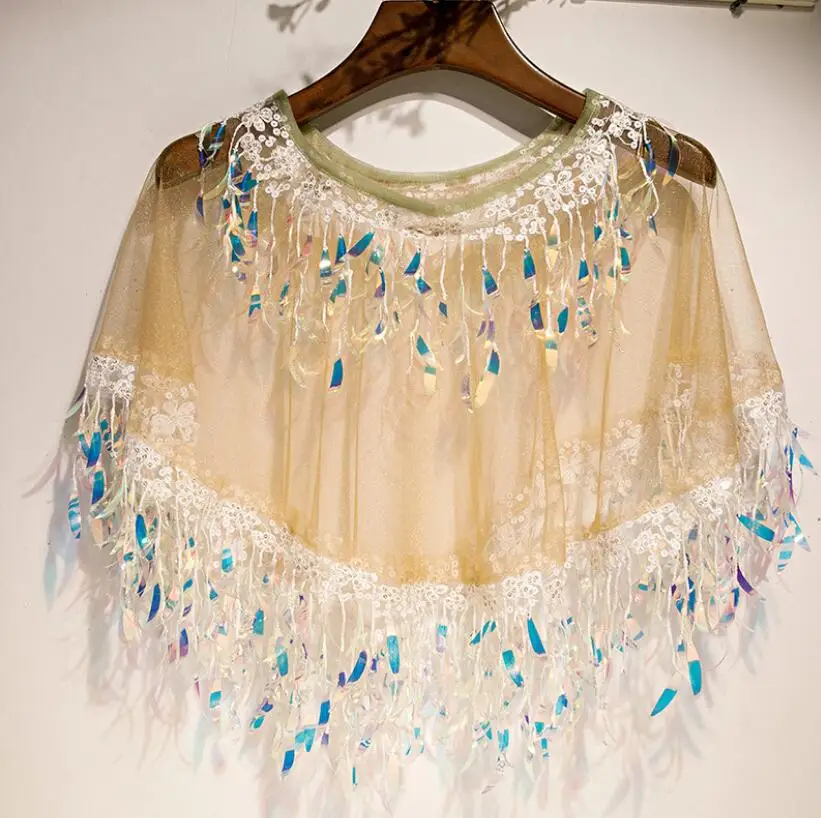 Women's Spring Summer shiny sequins tassel mesh Pashmina Female Summer Sunscreen Mesh Lace Shawl cloak R3485