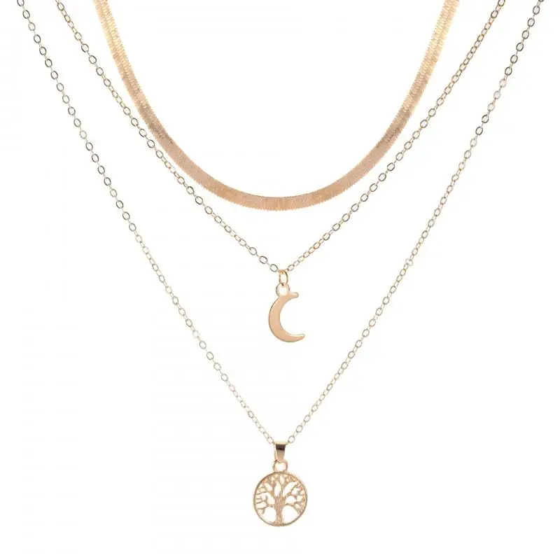 Punk Girl Necklace 2021 Fashion New Necklace Nightclub Exaggerated Geometric Tree Of Life Moon Multilayer Necklace Bohemio Satan image 4