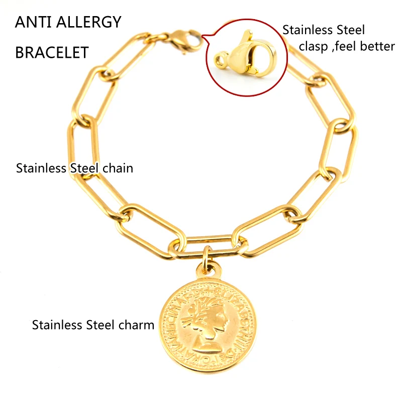 Lucky Coin charm Bracelets for women silver gold color Long O chain Stainless steel made pulseras mujer