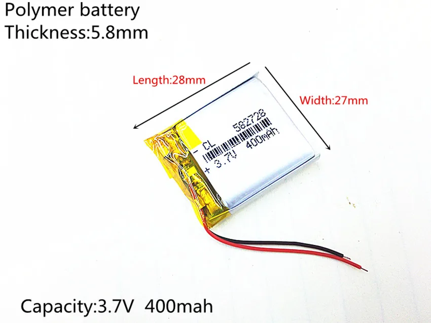 3.7V,400mAH,[582728] PLIB; polymer lithium ion / Li-ion battery for SMART WATCH,GPS,mp3,mp4,cell phone,DVD,SPEAKER