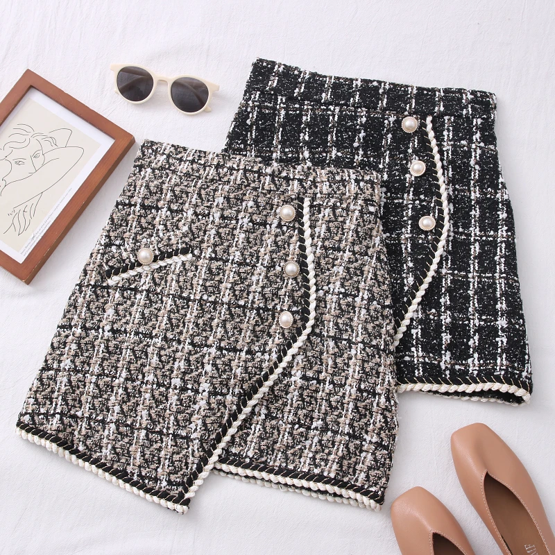 Saias de tweed para mulheres sólidas cintura alta saias de emagrecimento outono primavera 2021 botões duplo breasted tweed lã mini saia