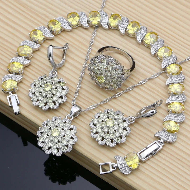 New Fashion 925 Sterling Silver Jewelry Sets Round Yellow CZ for Women Wedding Earrings Rings Necklace Set Jewelry Dropshipping